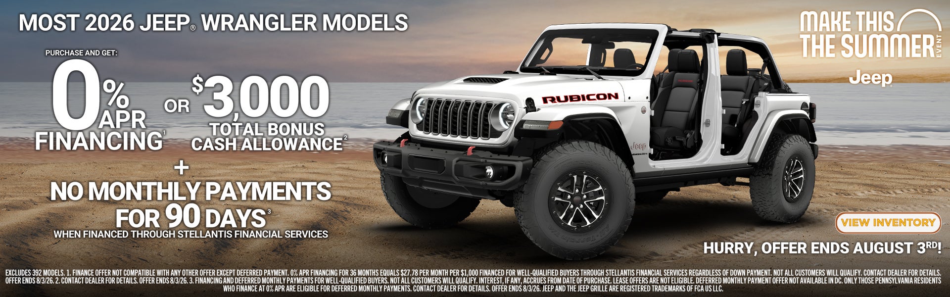 2026 Jeep Wrangler offer with 0% APR financing or $3,000 tot